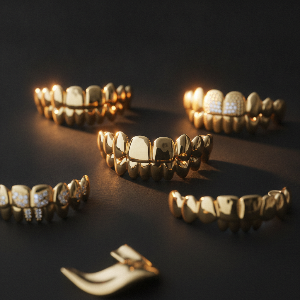 An array of custom 10k, 14k, and 18k gold grillz showcasing their distinct yellow hues against a dark, luxurious background.