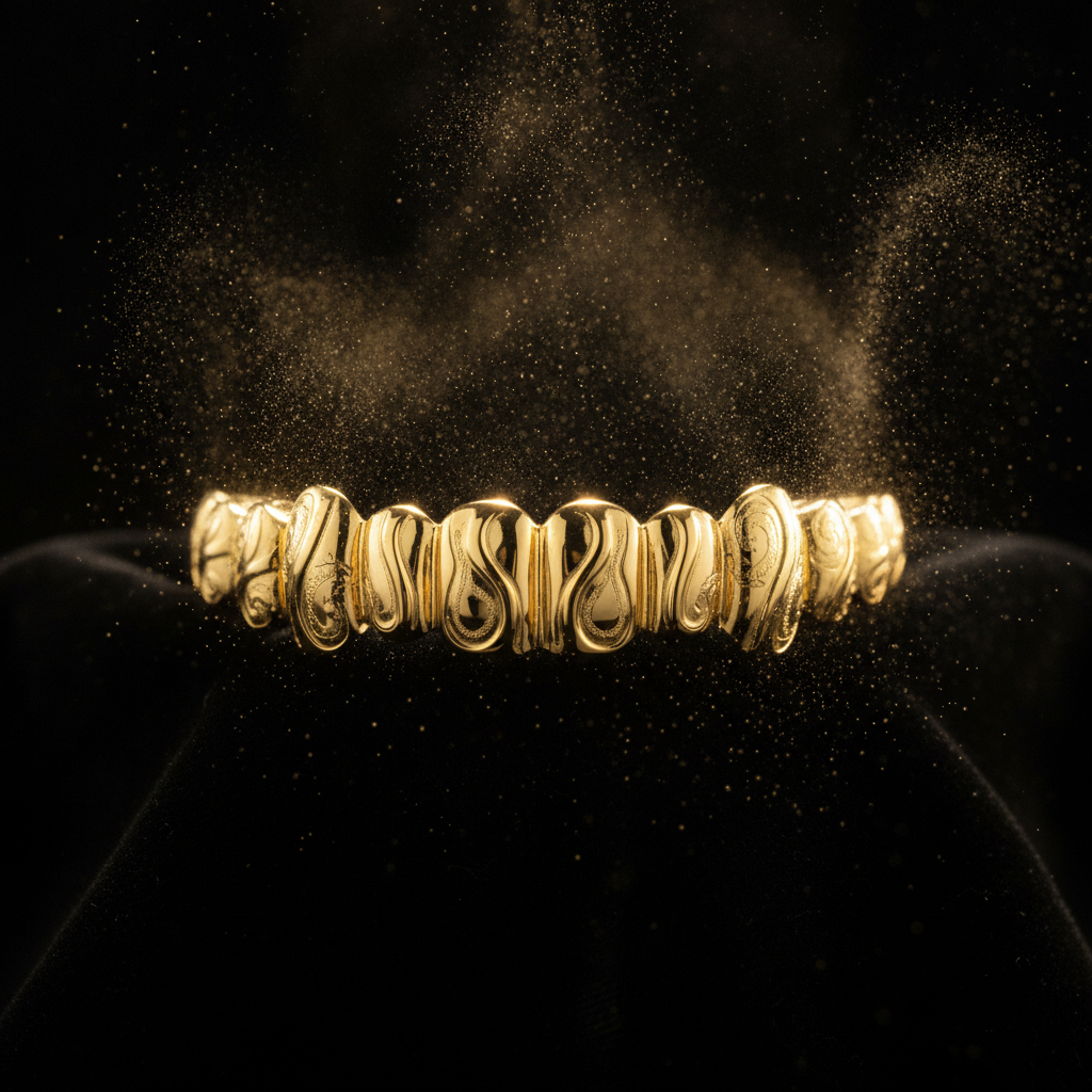 Close-up of sparkling custom-fitted 14k gold grillz, highlighting safe dental-grade craftsmanship. Learn are gold grillz safe for your teeth.