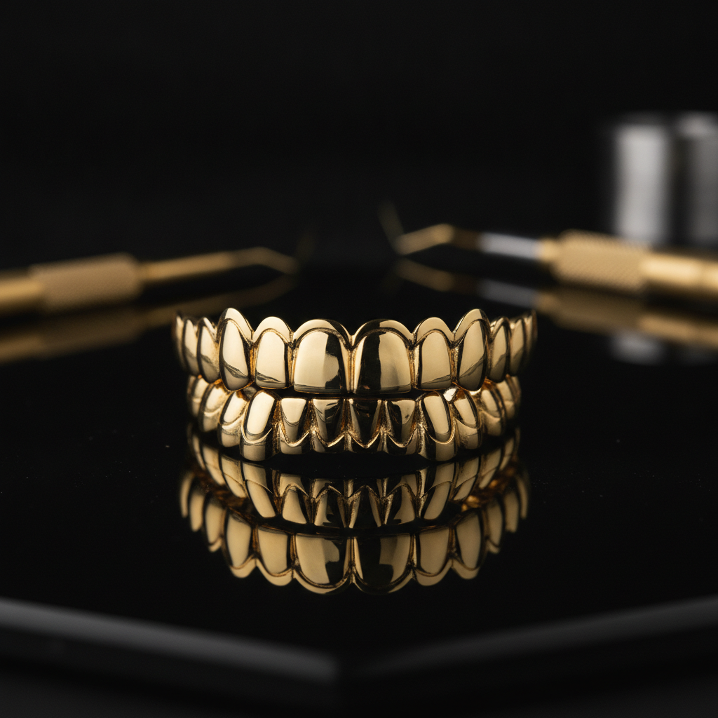 A luxurious custom gold grillz set (upper and lower) on a black surface under high-contrast lighting, showcasing how safe gold grillz are when professionally made.