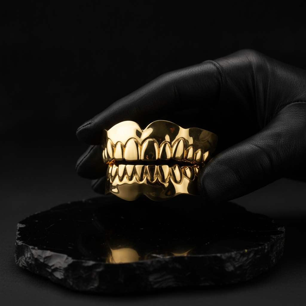 Close-up of a custom, highly polished 14k gold grillz set on a black background, highlighting the best dentist for grillz in Ventura County.