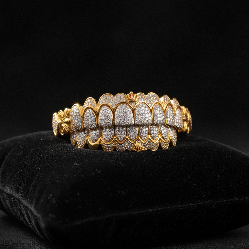 Custom solid gold and diamond grillz, expertly fitted by the best dentist for grillz in Ventura County.
