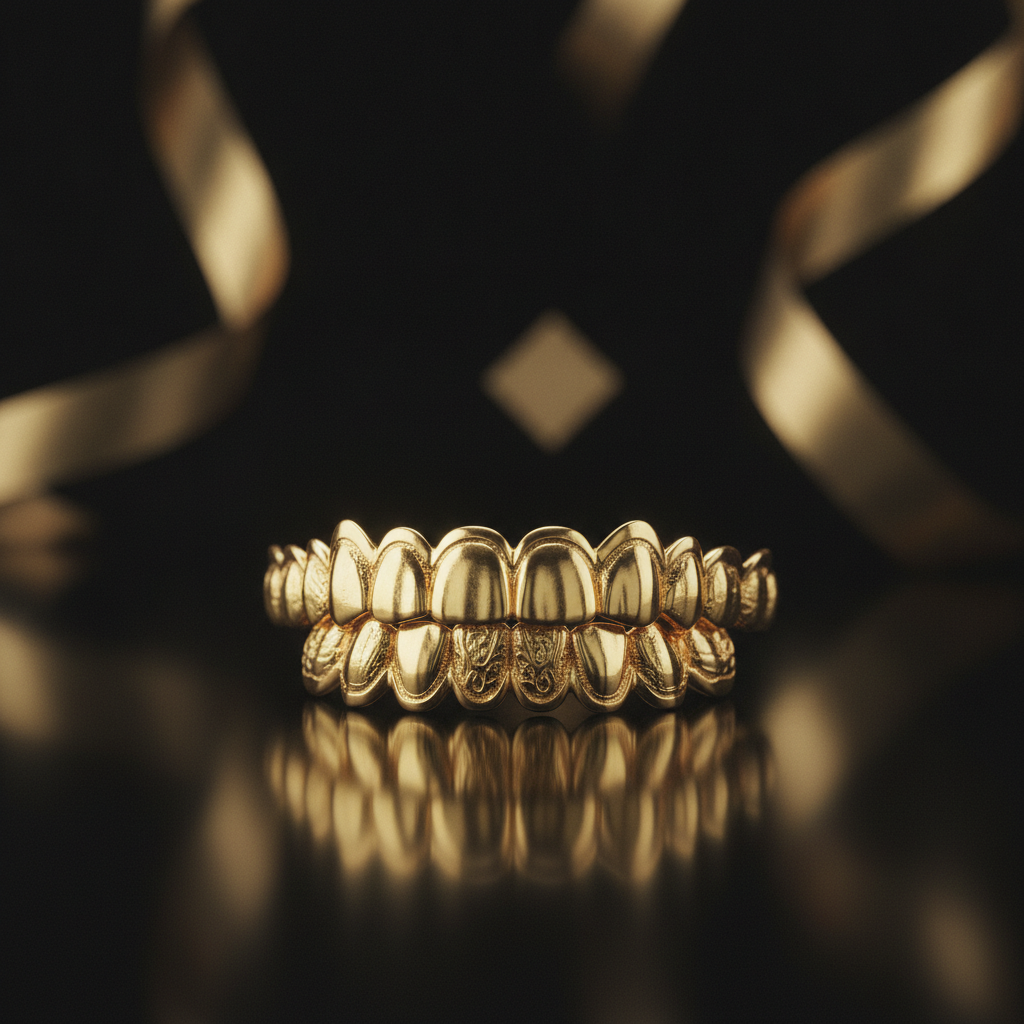 Close-up of a gleaming 14k yellow gold custom dental grill, reflecting high-contrast light, showcasing luxury craftsmanship for Ventura County.