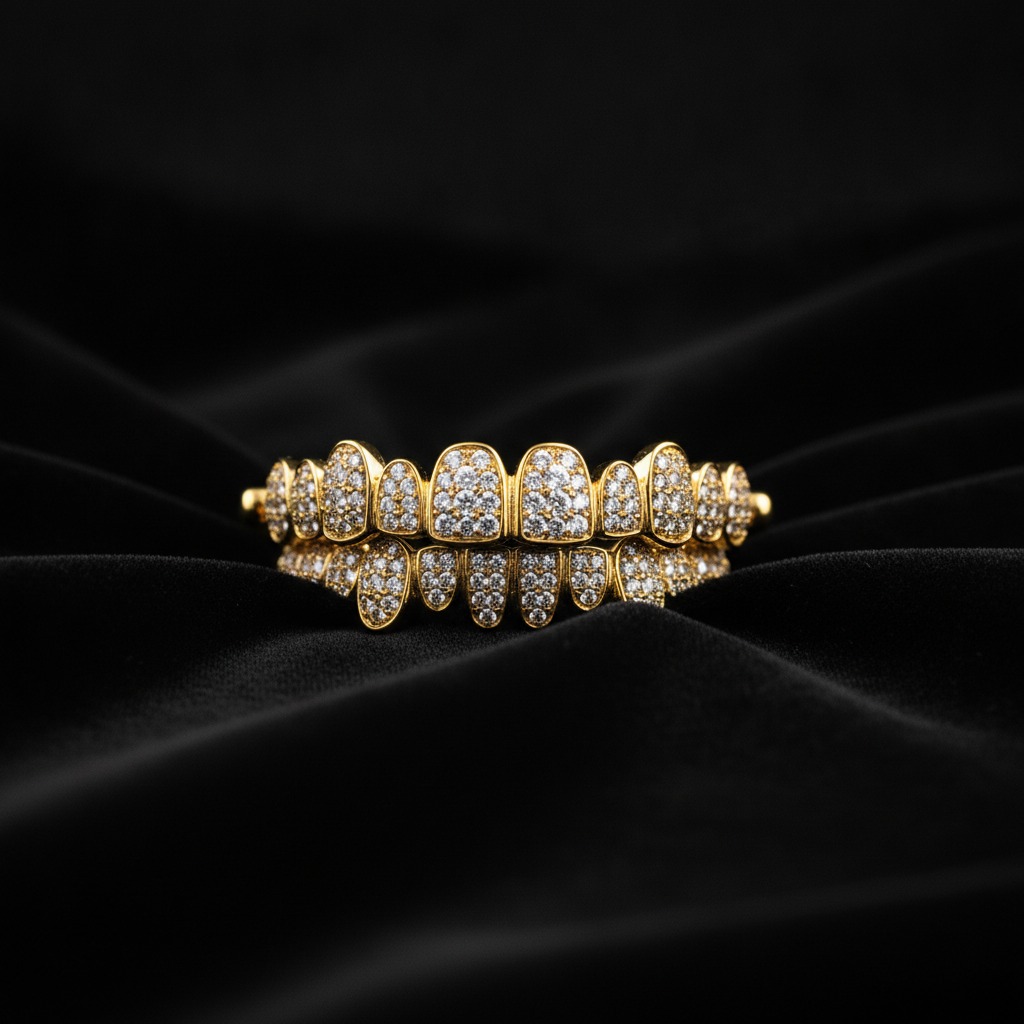 Close-up of sparkling solid gold custom grillz with VS diamonds, professionally crafted for a perfect fit, serving Thousand Oaks.