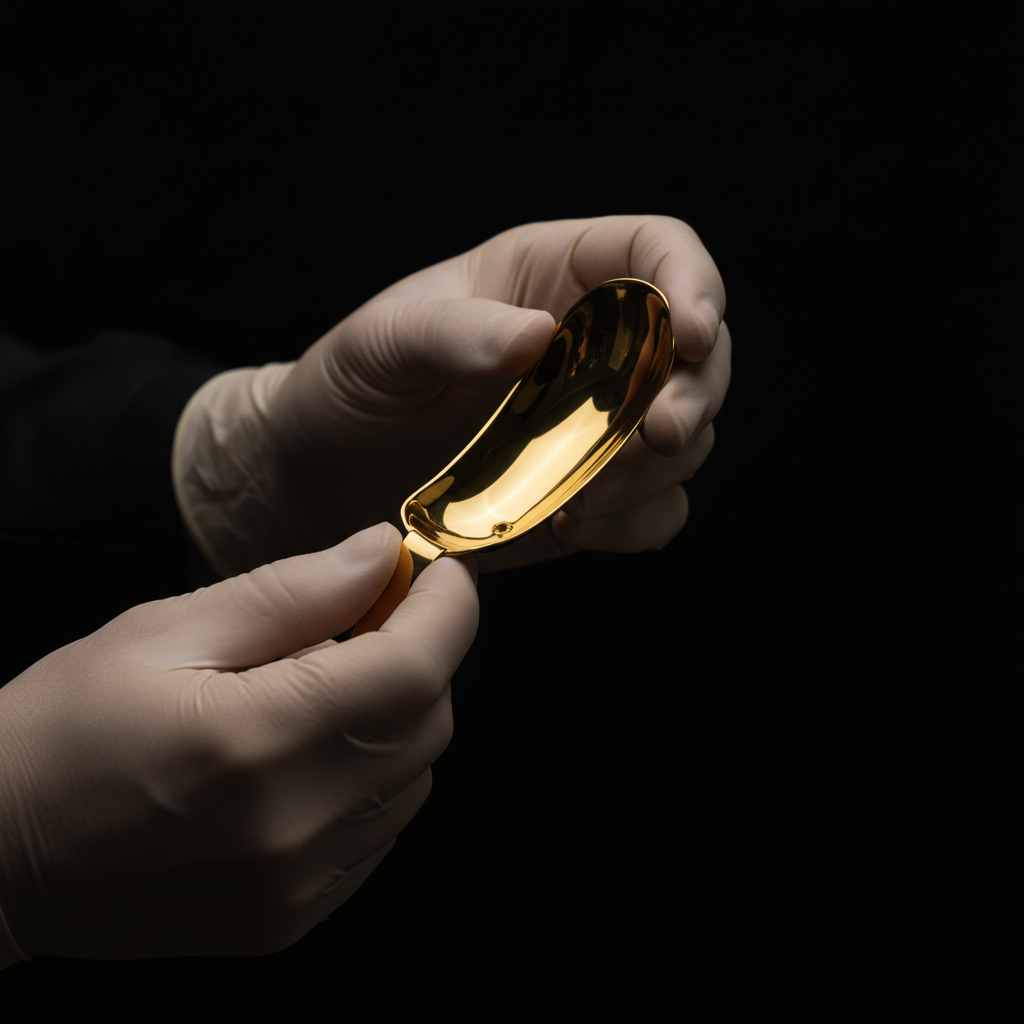 A close-up of a dentist's gloved hands holding a gold dental impression tray, highlighting the precise grillz teeth impression process.