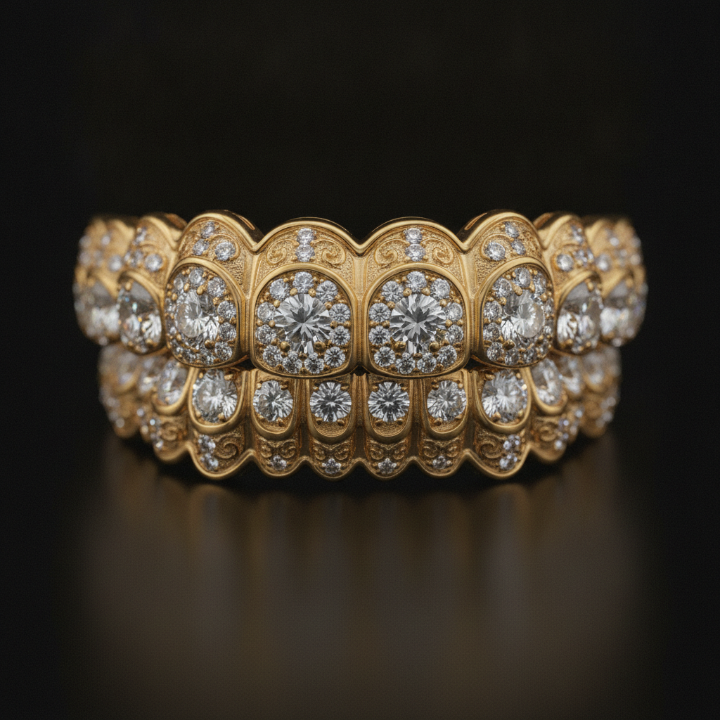 A luxurious solid gold dentist made grillz with VS diamonds on a black background, highlighting the contrast with cheap mall grillz.