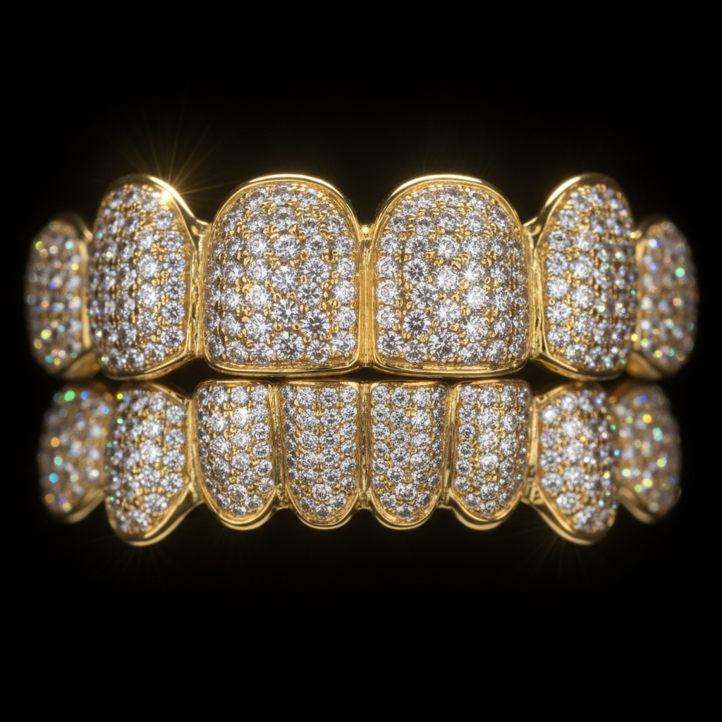 Luxurious diamond grillz made from solid gold, sparkling under studio lights against a black background, showcasing intricate detail and high-quality craftsmanship, reflecting the diamond grillz cost California.