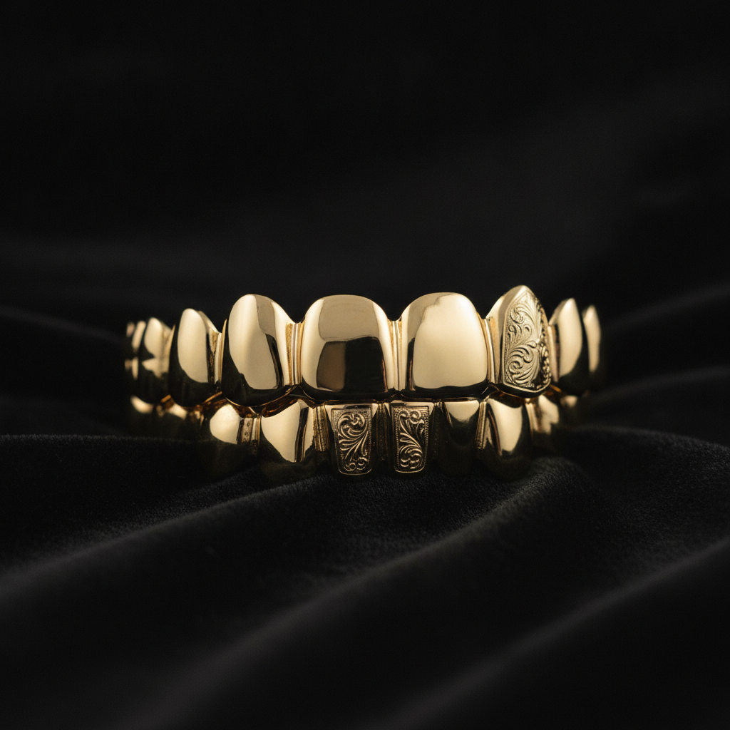 Highly polished 14k solid gold grillz for bottom teeth, gleaming on black velvet, representing custom options in Newbury Park.