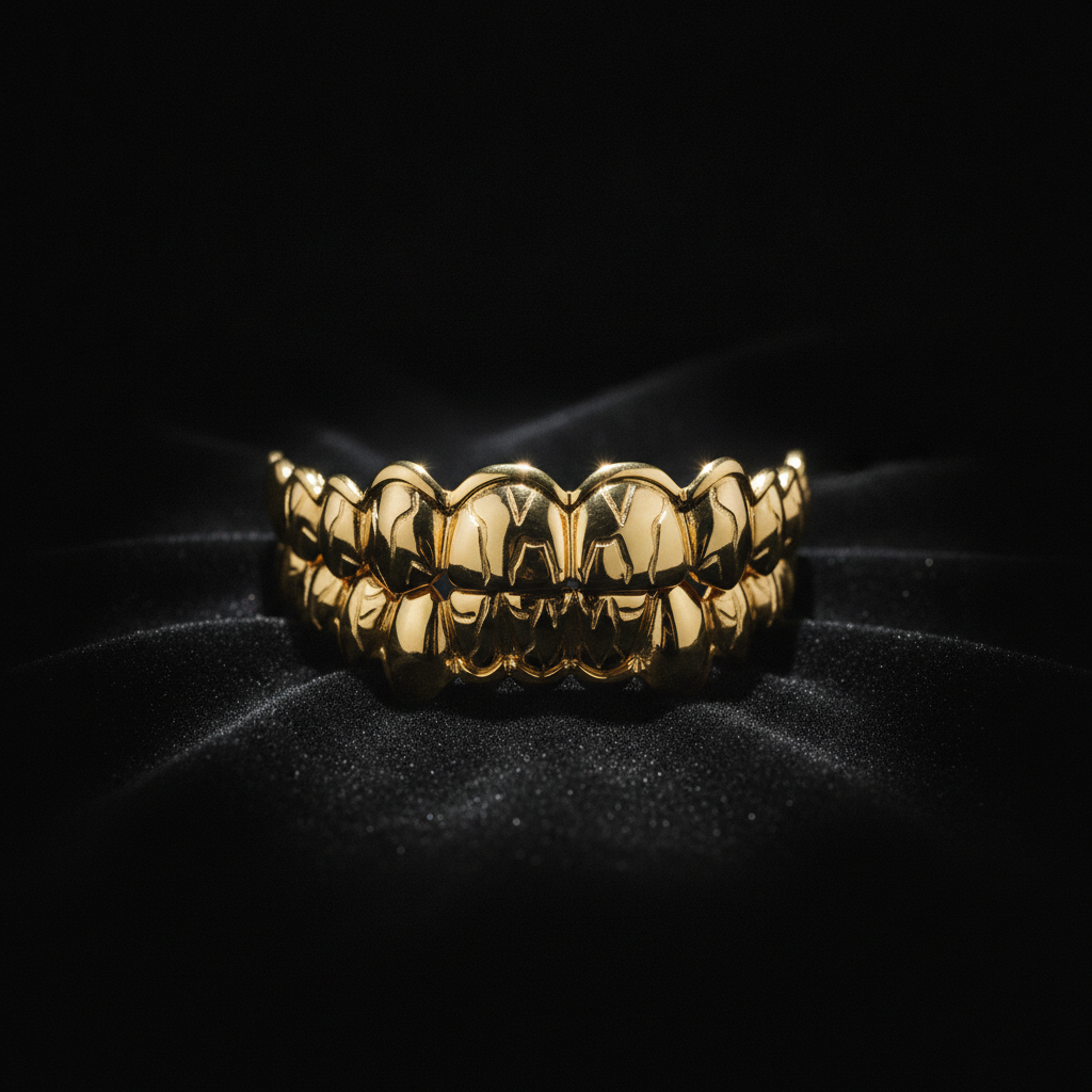 A gleaming set of custom solid gold grillz, dramatically lit on a black velvet background, illustrating how long do gold grillz last with proper care.