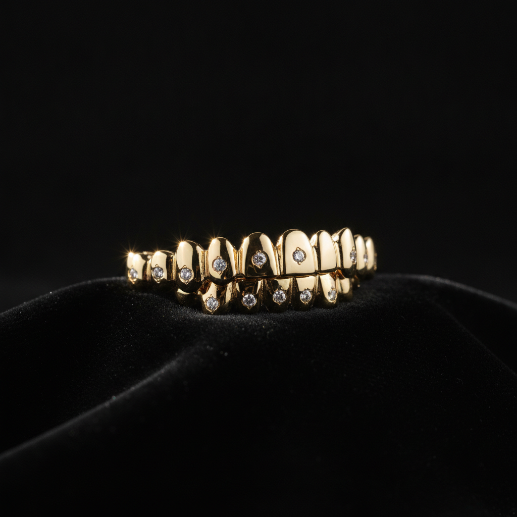 Luxurious custom 14k gold grillz with VS diamonds, representing quality that answers how long do gold grillz last.