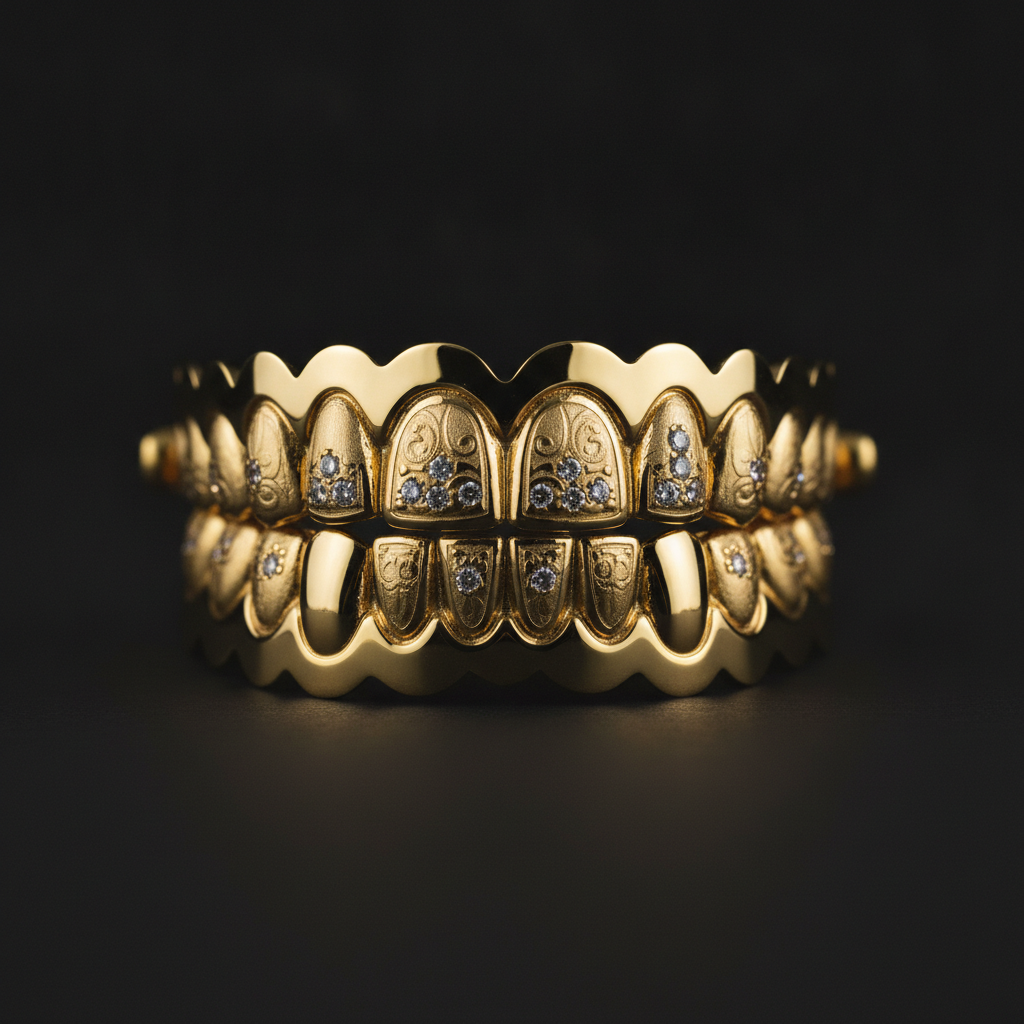 Close-up of sparkling dentist-fitted gold teeth, showcasing intricate design and high polish, on a black background, representing gold teeth cost in Ventura.