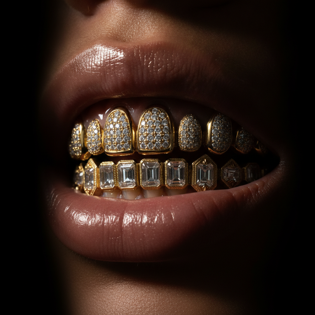 Close-up of dazzling permanent vs removable gold grillz, sparkling under high-contrast light, showcasing luxury and dental craftsmanship.