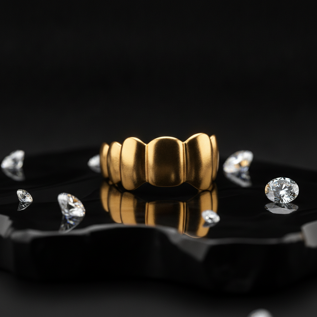 A sparkling single tooth gold cap for Port Hueneme, reflecting high-contrast light on a dark surface, near loose diamonds.