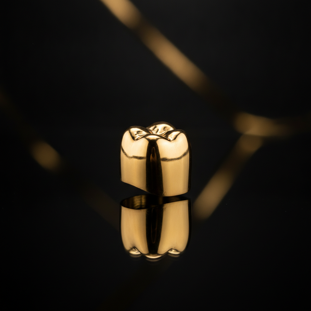A polished, custom single tooth gold cap from Dental Grills Lab, shining against a dark background, representing luxury Port Hueneme dental jewelry.
