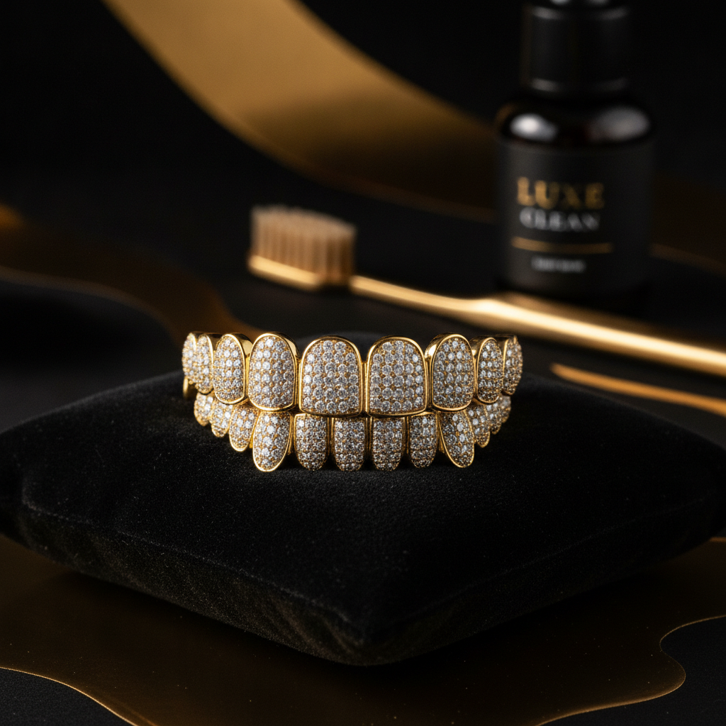 A luxurious 18k gold grillz set with diamonds, sparkling on black velvet, next to a toothbrush and cleaner, illustrating proper grillz cleaning.
