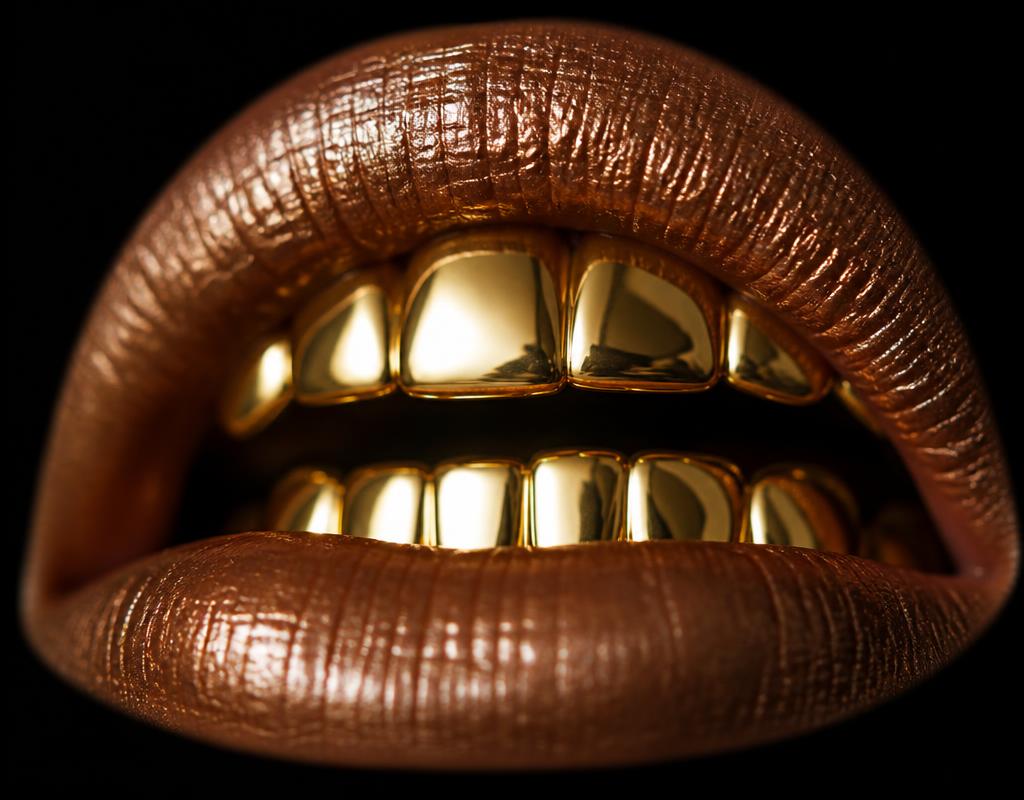 Macro close-up of gold grillz on parted lips