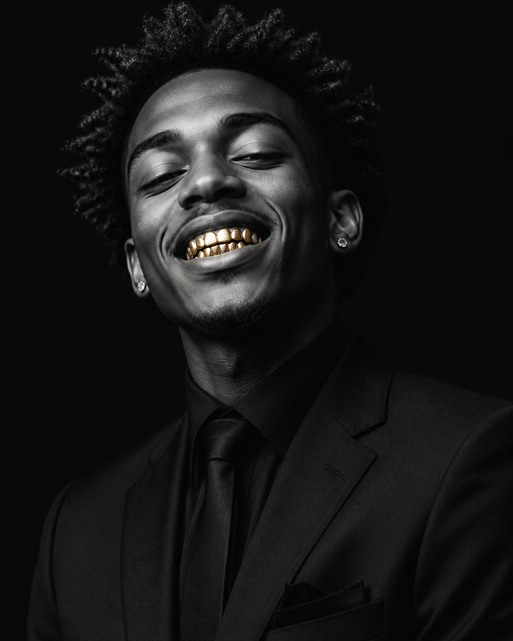 Portrait of a man in a suit smiling with a gold grill