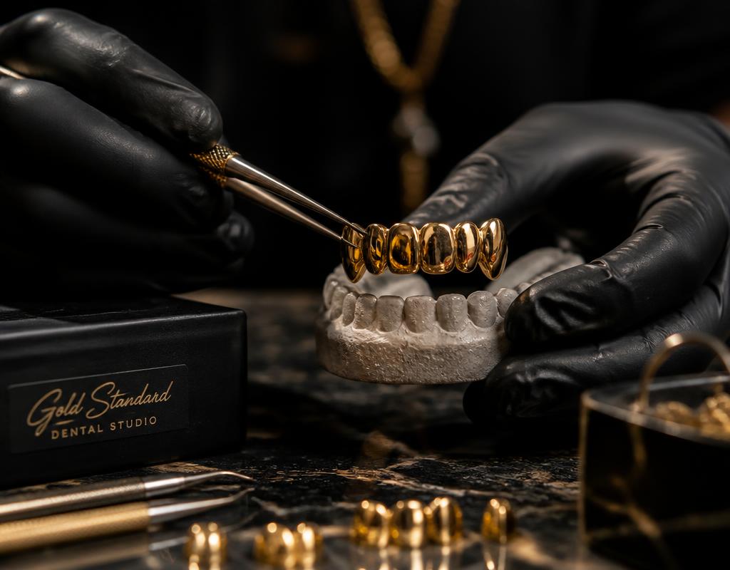 Technician setting a gold grill onto a dental impression mold