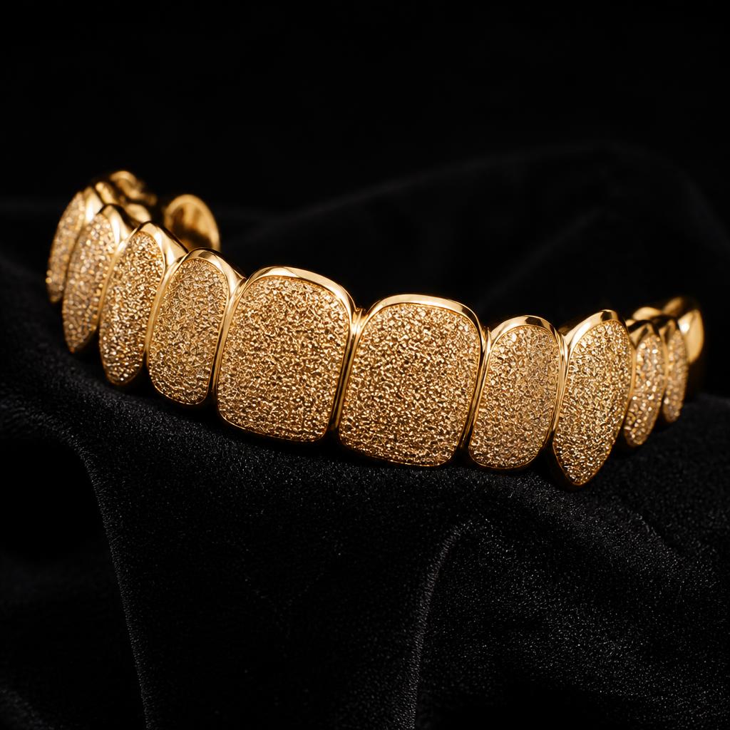 Diamond dust frosted finish gold grillz catching light