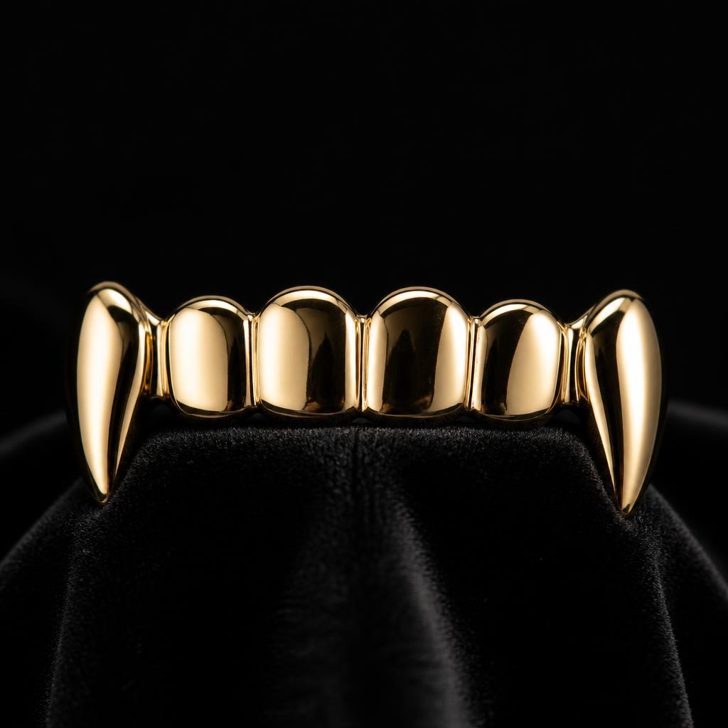 Custom 14k gold fangs cast to the canine teeth