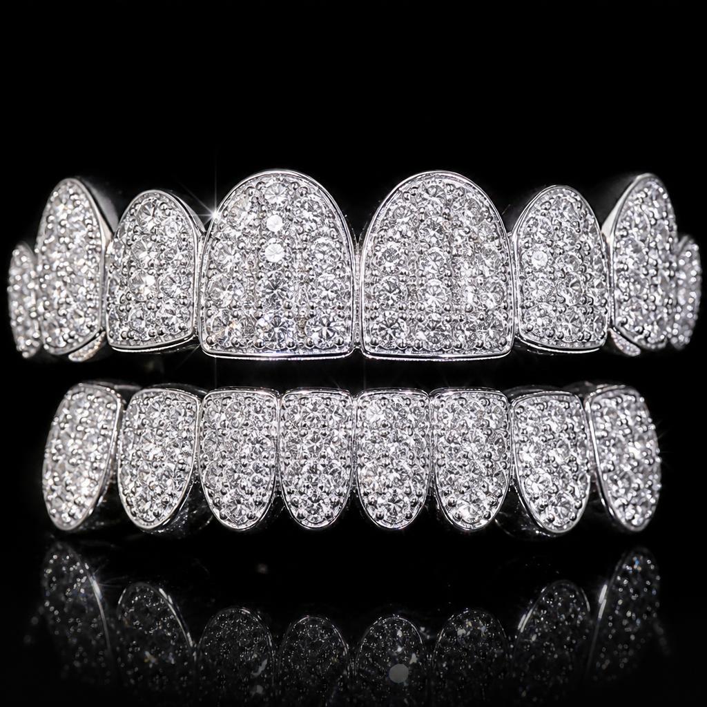 Iced out VVS diamond grillz in white gold, full pave setting