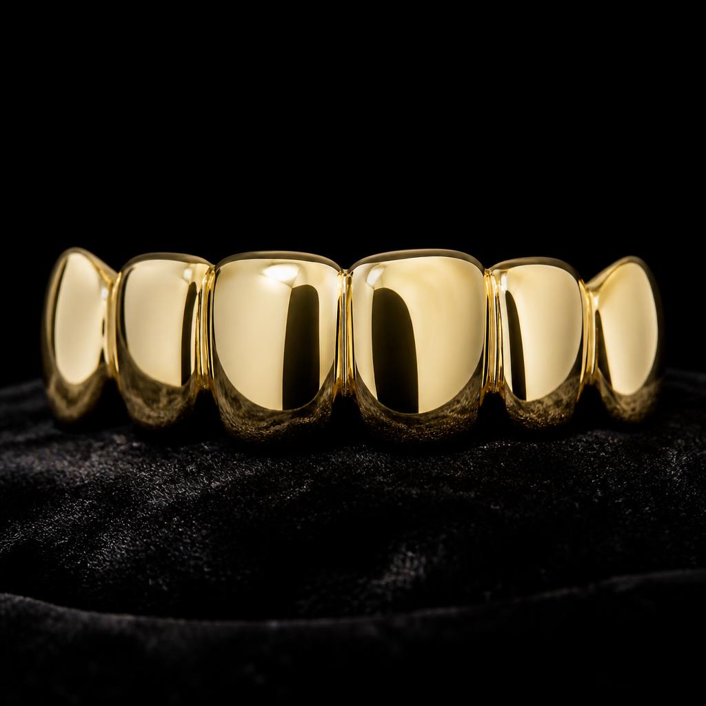 Solid gold custom dental grillz fitted by a licensed dentist in Ventura County
